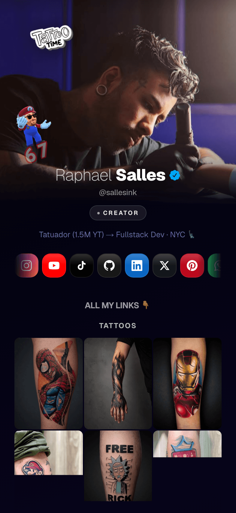 Raphael Salles’s real Linkbuk page, with cover, social links and tattoo portfolio